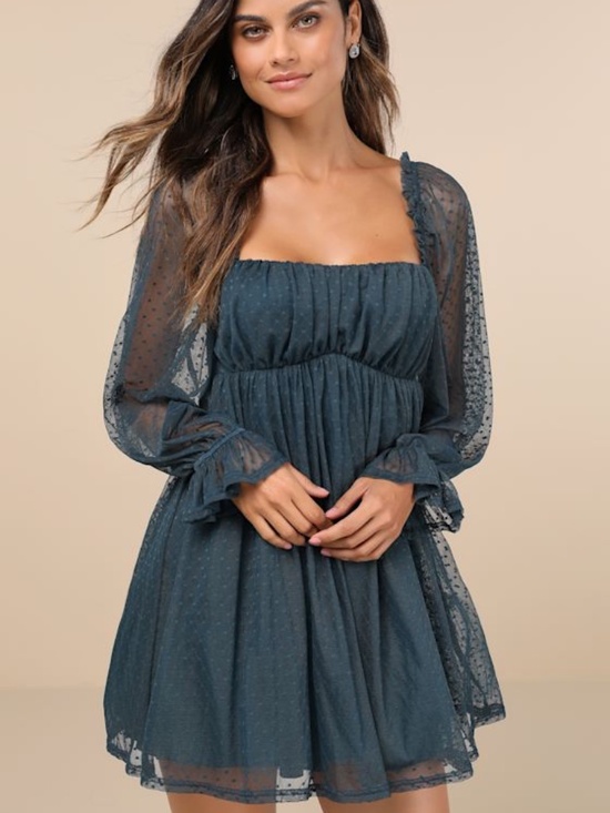 Lulus Dresses & Skirts - Lulus Dreamy Sweetness Dark Teal Swiss Dot Ruffled Mini Babydoll Dress Blue